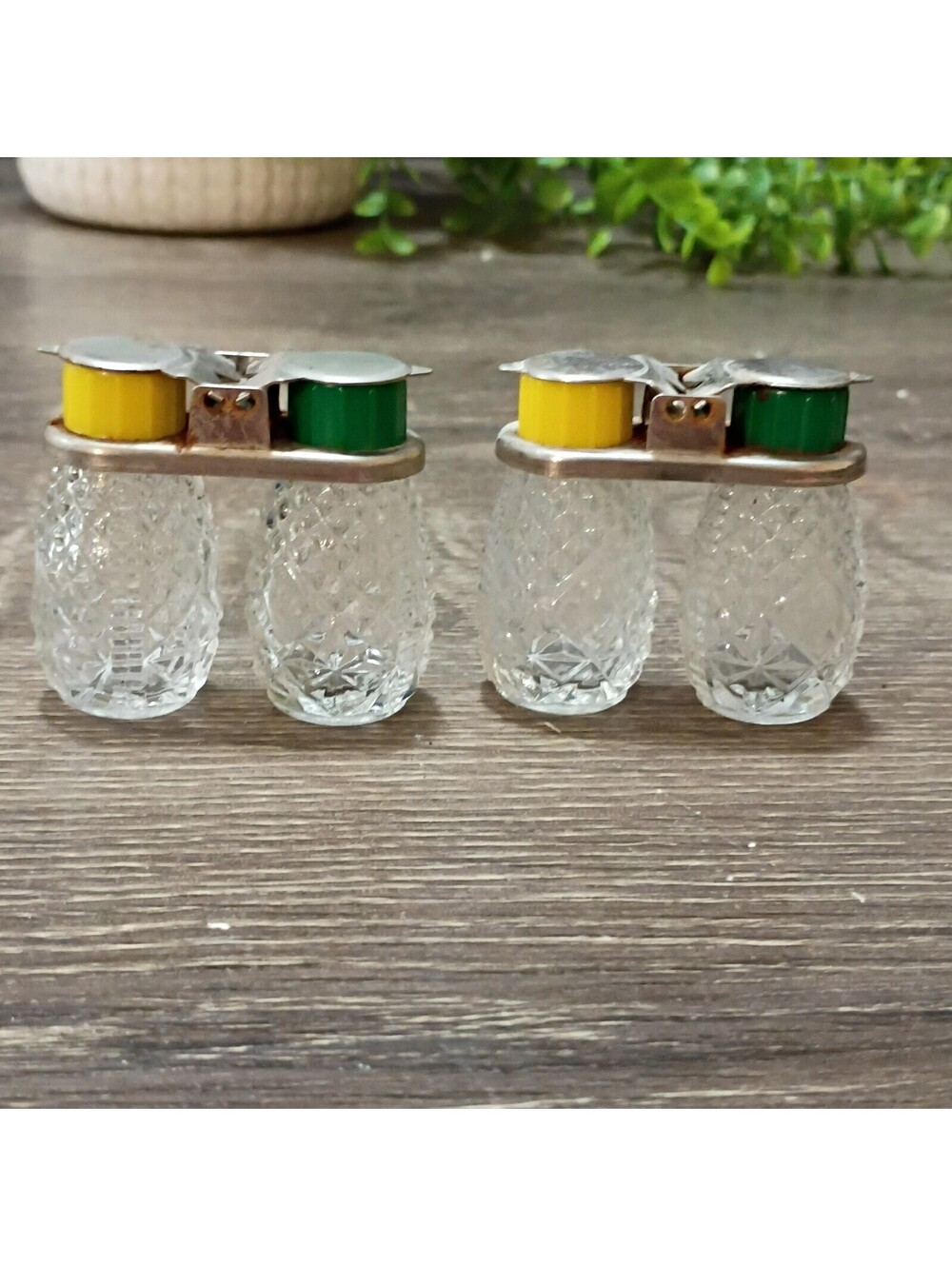 (2) Vintage Flip Top Lids Glass Salt & Pepper Shakers - yellow and green
